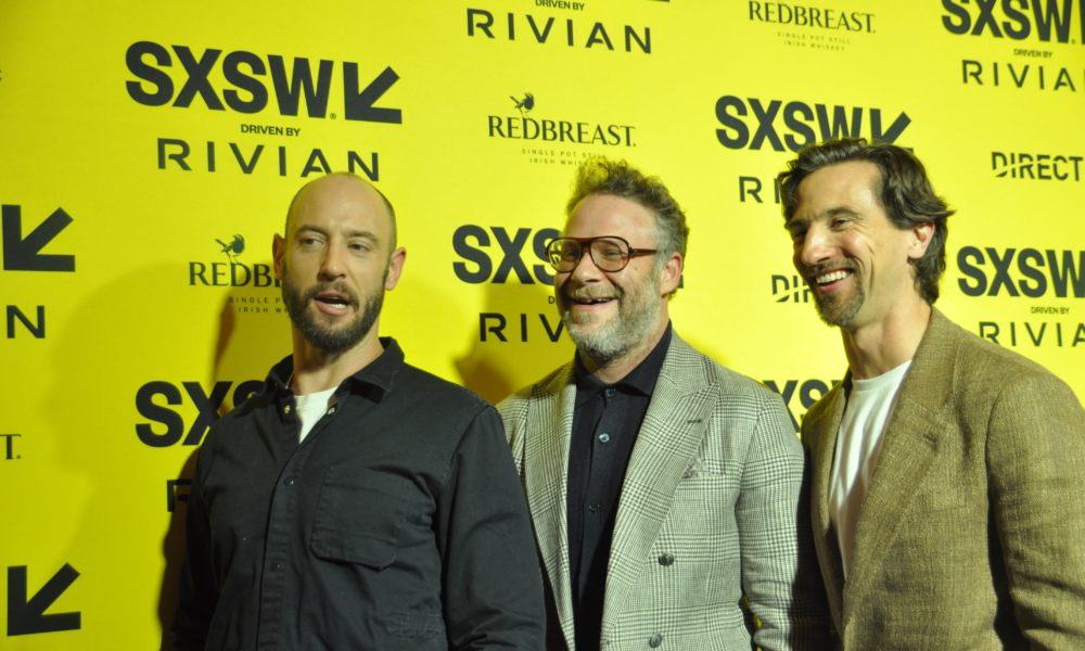 Seth Rogen (center) and friends, including writing partner Evan Goldberg (far left) on the Red Carpet on March 7 at SXSW. ("The Studio" streams on Apple Plus beginning March 26th). (Photo by Connie Wilson)